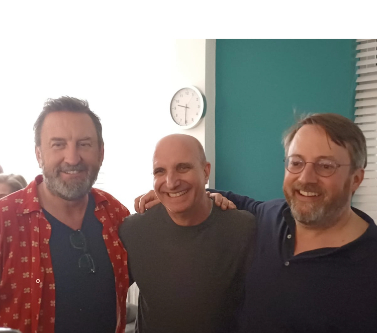 Paul (centre) with Lee Mack (left) and David Mitchell (right)
